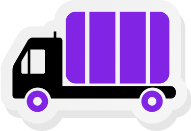 איור מסוגנן של משאית עם תא נהג וגלגלים שחורים, ואזור מטען ומרכזי גלגלים סגולים בוהקים. המשאית מוצגת בפרופיל, פונה שמאלה, על רקע לבן עם צל אפור בהיר סביב הצורה.