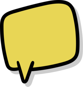 בועת דיבור צהובה, מלבנית, עם פינות מעוגלות וקווי מתאר שחורים עבים. מושלמת להדגשת מתנה מצחיקה, הקצה השמאלי התחתון שלה מצביע על הדובר. הבועה מטילה צל אפור בהיר, והחלק הפנימי שלה ריק.